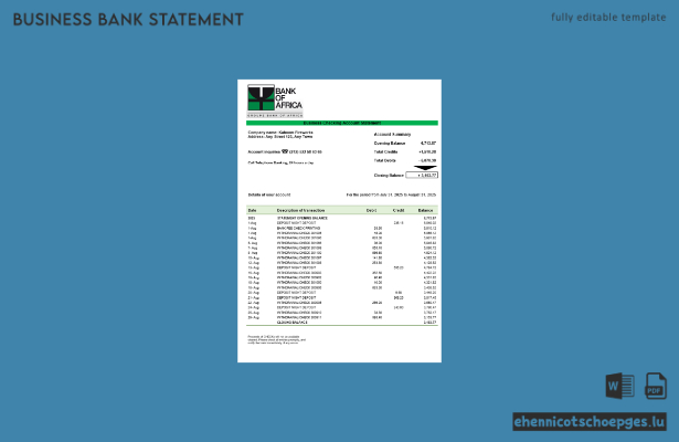 Beispiel eines Kontoauszugs der Burundi Bank of Africa (Word- und PDF-Format)